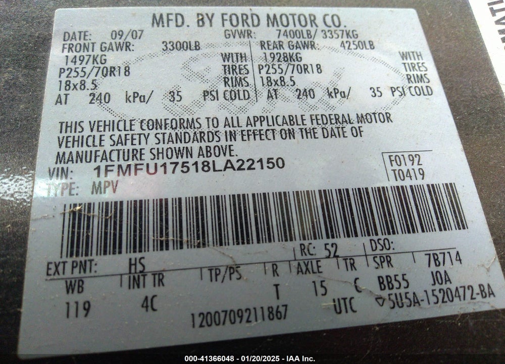 2008 FORD EXPEDITION EDDIE BAUER/KING RANCH VIN: 1FMFU17518LA22150