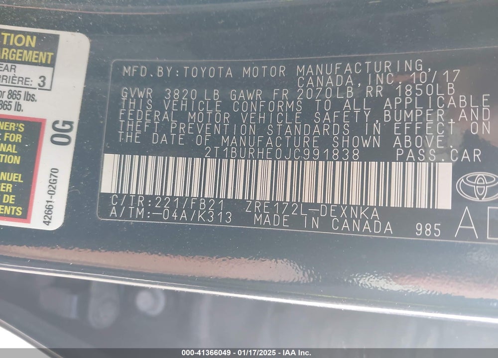 2018 TOYOTA COROLLA VIN: 2T1BURHE0JC991838