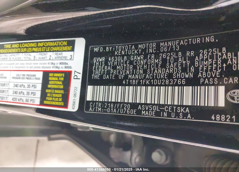 2013 TOYOTA CAMRY VIN: 4T1BF1FK1DU283766