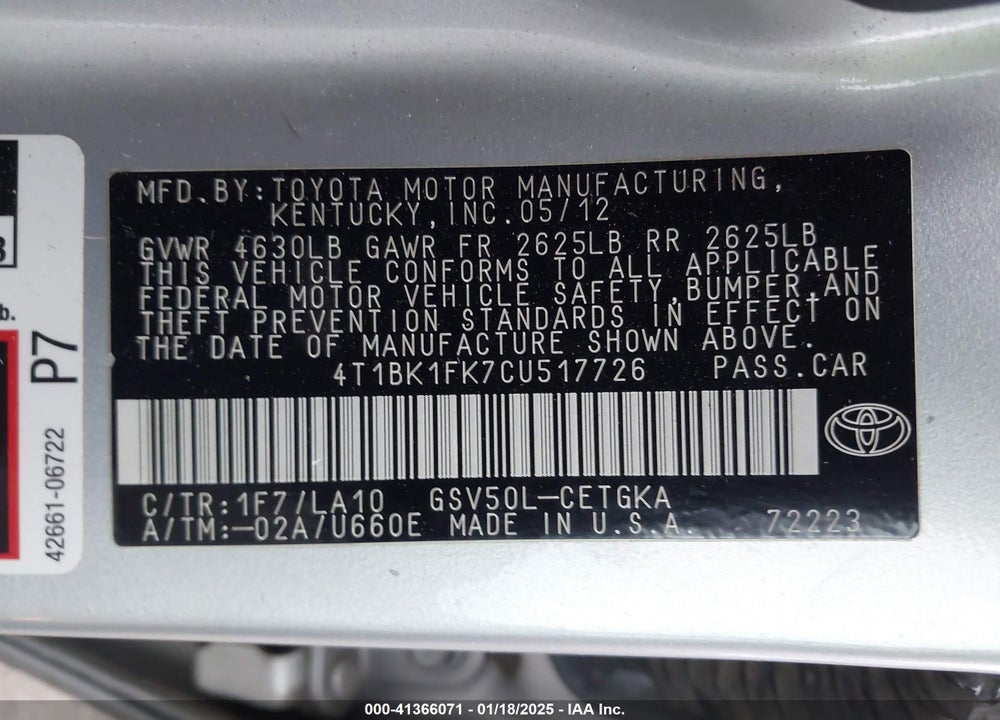 2012 TOYOTA CAMRY XLE V6 VIN: 4T1BK1FK7CU517726