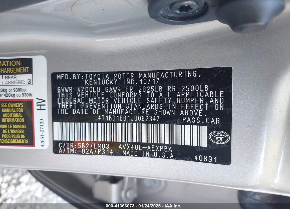 2018 TOYOTA AVALON HYBRID VIN: 4T1BD1EB1JU062347