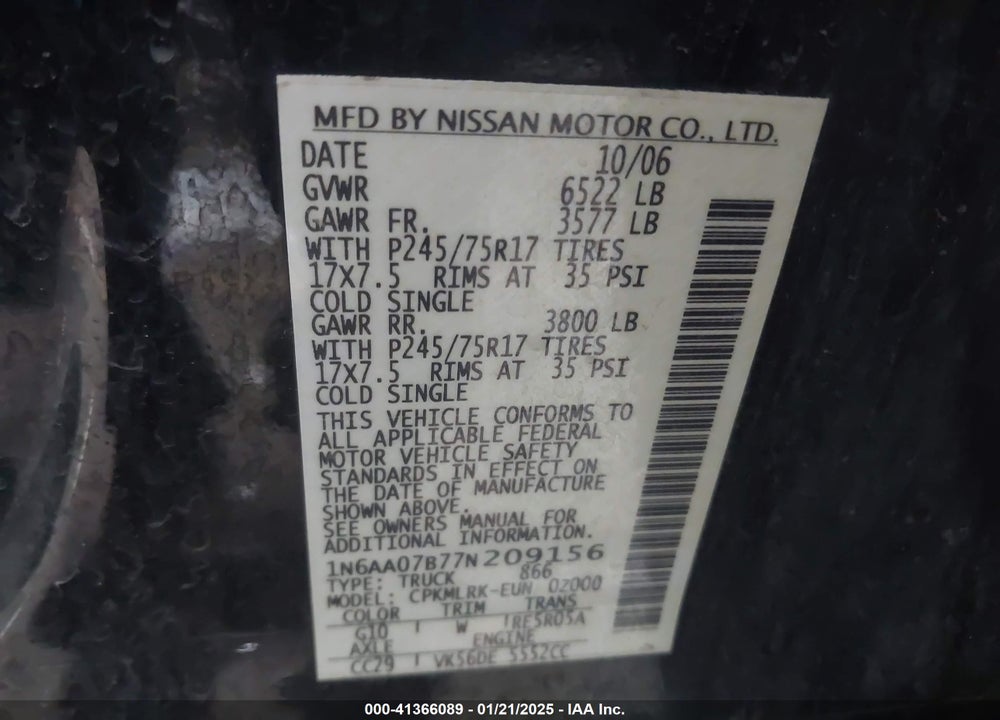 2007 NISSAN TITAN VIN: 1N6AA07B77N209156