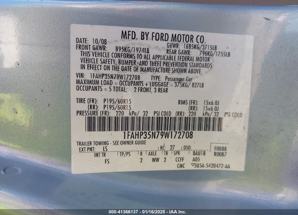 2009 FORD FOCUS SE VIN: 1FAHP35N79W172708