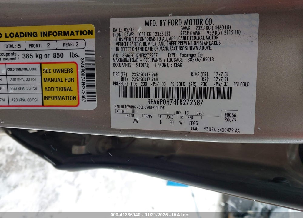 2015 FORD FUSION VIN: 3FA6P0H74FR272587