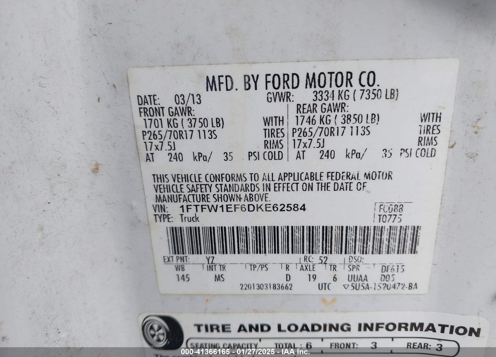 2013 FORD F-150 VIN: 1FTFW1EF6DKE62584