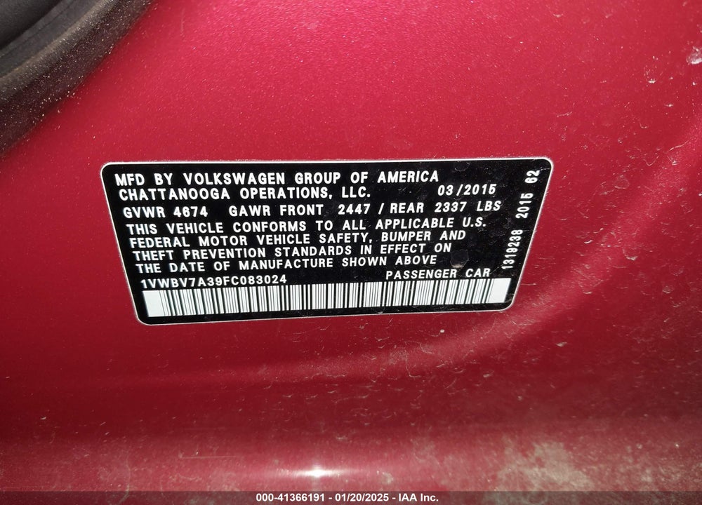 2015 VOLKSWAGEN PASSAT 2.0L TDI SE VIN: 1VWBV7A39FC083024