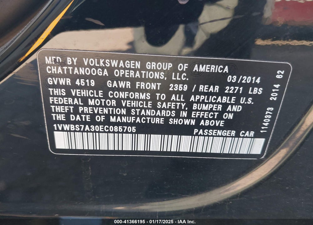 2014 VOLKSWAGEN PASSAT VIN: 1VWBS7A30EC085705