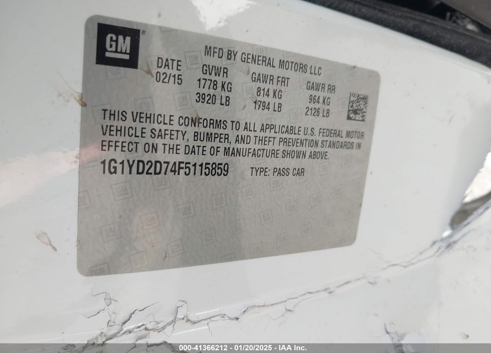 2015 CHEVROLET CORVETTE VIN: 1G1YD2D74F5115859