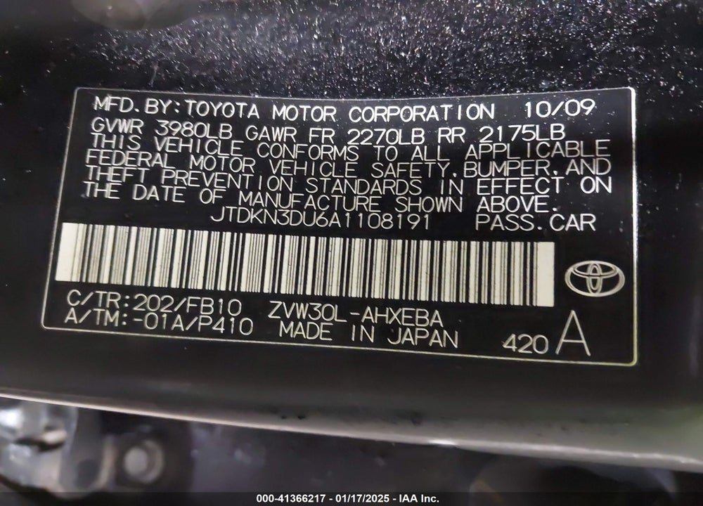 2010 TOYOTA PRIUS II VIN: JTDKN3DU6A1108191
