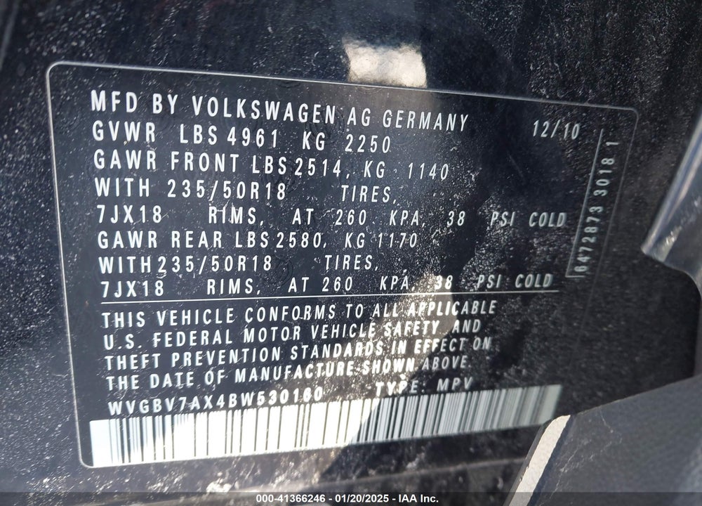 2011 VOLKSWAGEN TIGUAN SEL VIN: WVGBV7AX4BW530160