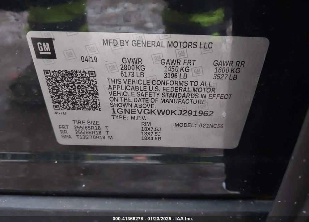 2019 CHEVROLET TRAVERSE 1LT VIN: 1GNEVGKW0KJ291962