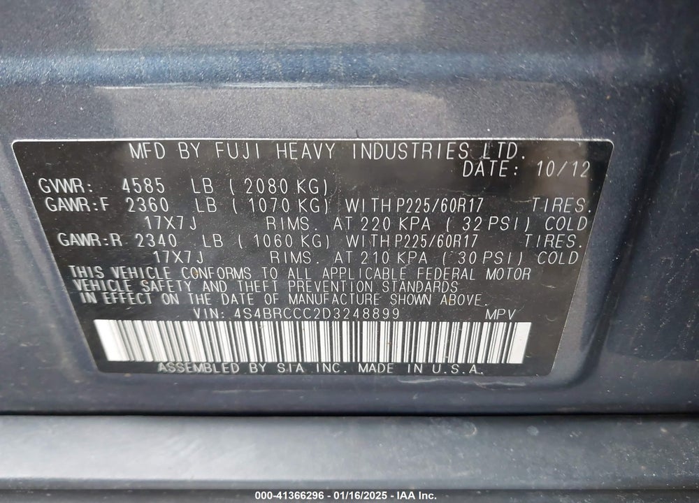 2013 SUBARU OUTBACK 2.5I PREMIUM VIN: 4S4BRCCC2D3248899