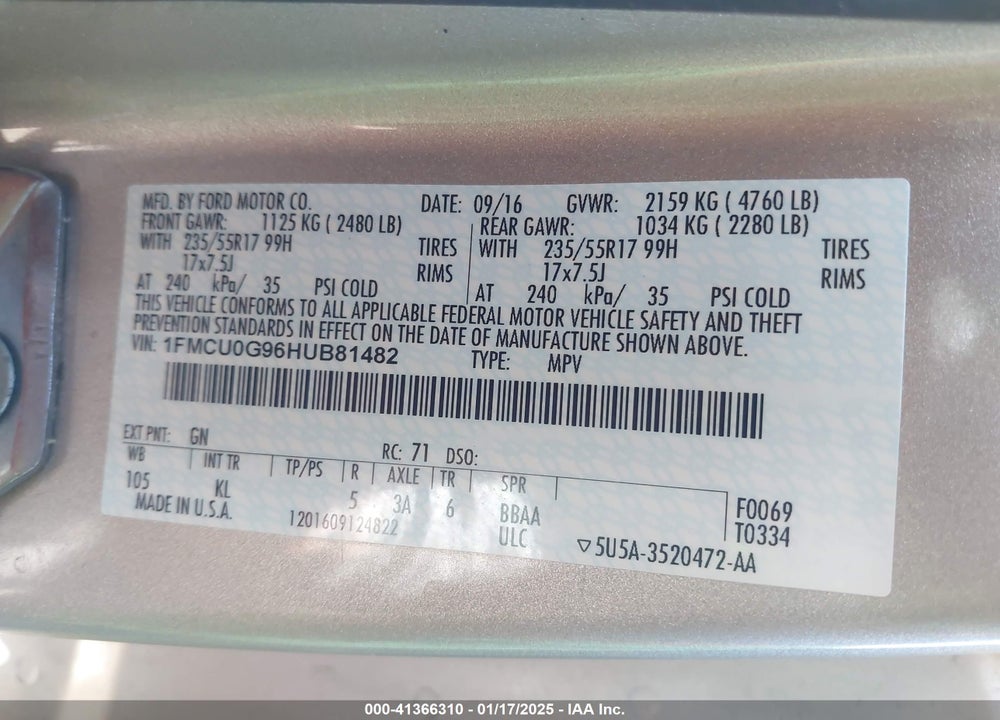 2017 FORD ESCAPE SE VIN: 1FMCU0G96HUB81482
