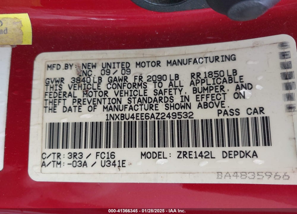 2010 TOYOTA COROLLA LE VIN: 1NXBU4EE6AZ249532