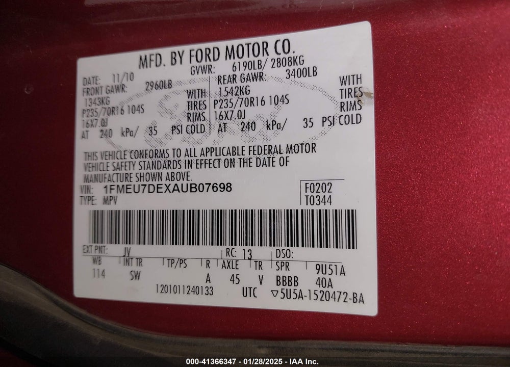 2010 FORD EXPLORER XLT VIN: 1FMEU7DEXAUB07698