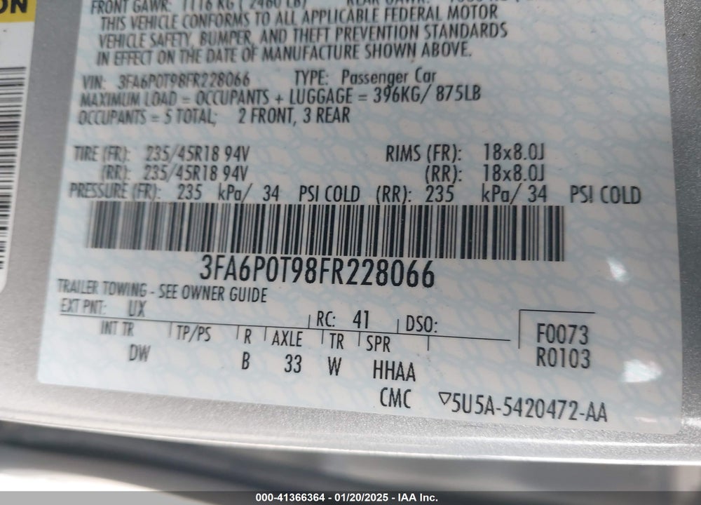 2015 FORD FUSION VIN: 3FA6P0T98FR228066