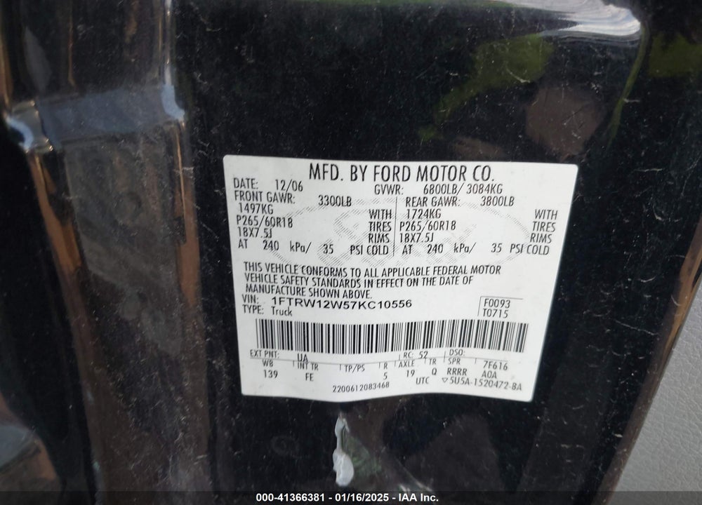 2007 FORD F-150 VIN: 1FTRW12W57KC10556