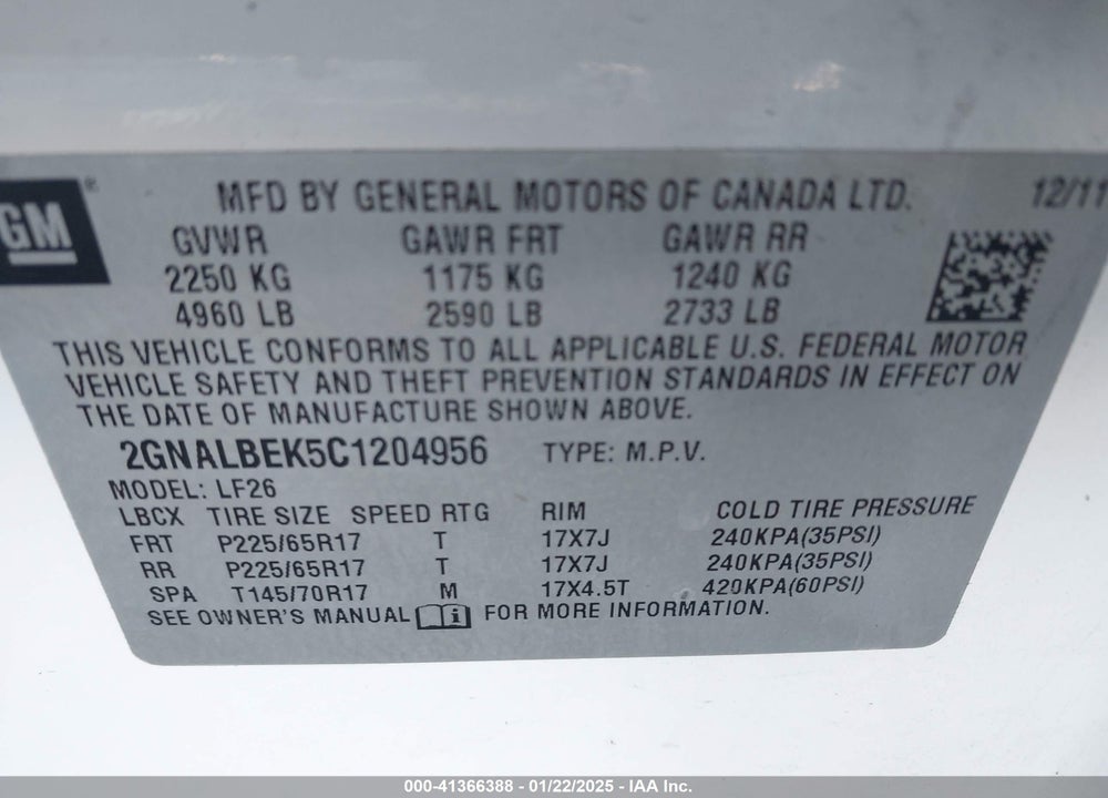 2012 CHEVROLET EQUINOX LS VIN: 2GNALBEK5C1204956