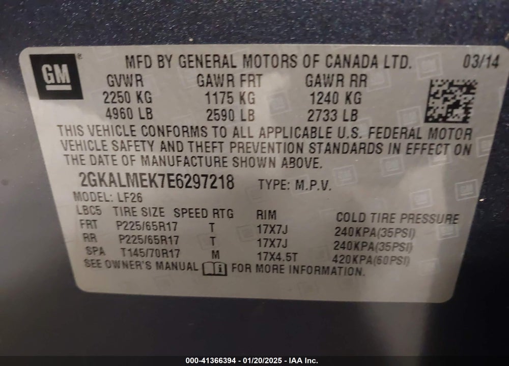 2014 GMC TERRAIN SLE-1 VIN: 2GKALMEK7E6297218