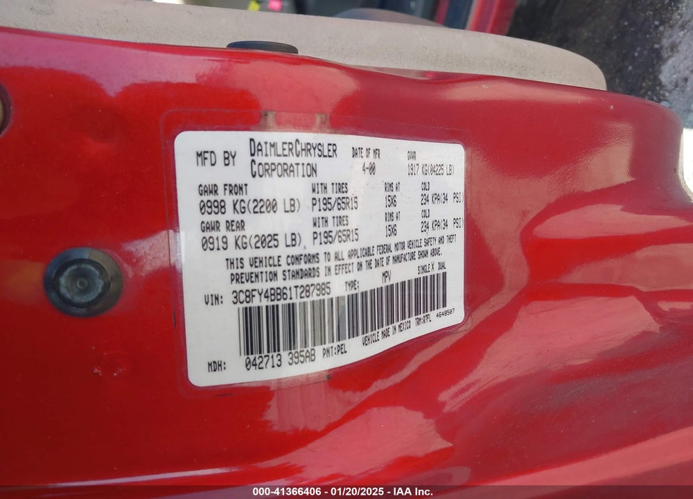 2001 CHRYSLER PT CRUISER VIN: 3C8FY4BB61T287985