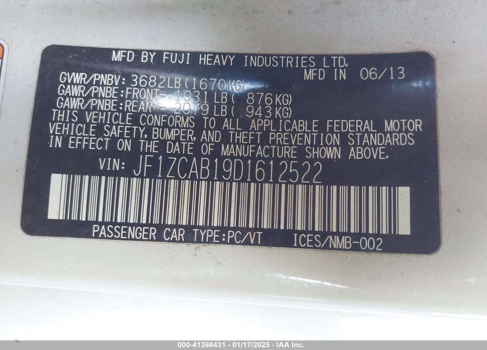 2013 SUBARU BRZ VIN: JF1ZCAB19D1612522