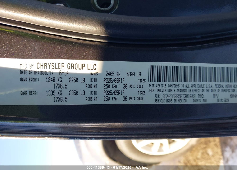 2014 DODGE JOURNEY SXT VIN: 3C4PDCBB5ET301649