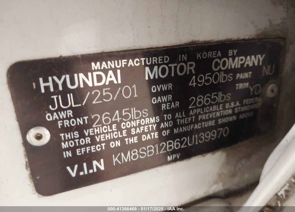 2002 HYUNDAI SANTA FE VIN: KM8SB12B62U139970