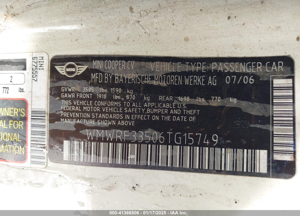 2006 MINI COOPER VIN: WMWRF33506TG15749