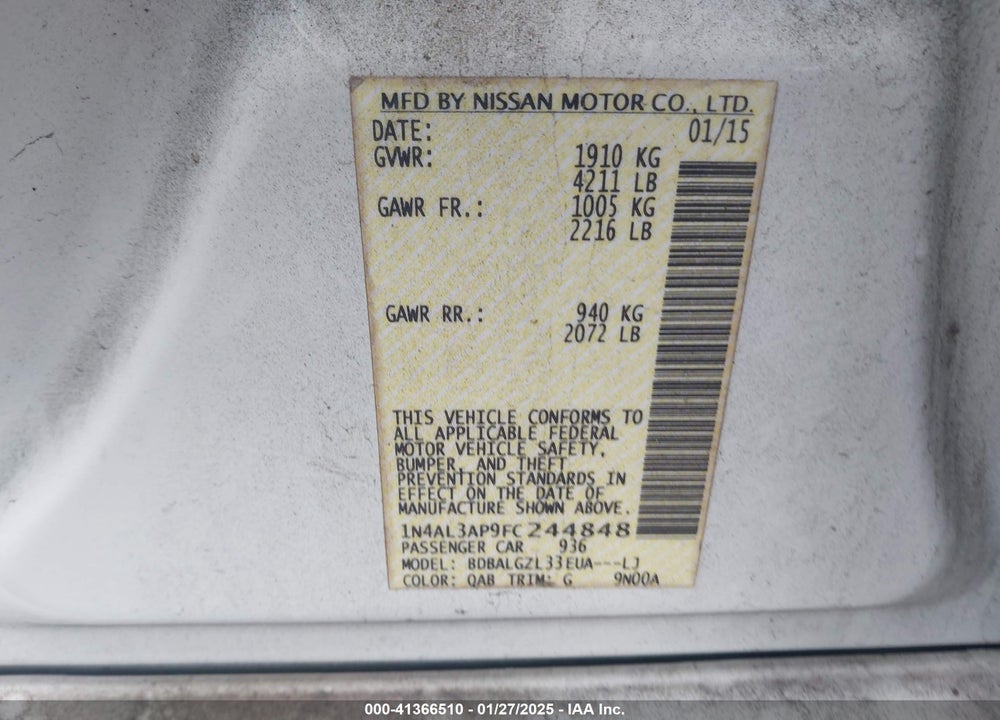 2015 NISSAN ALTIMA VIN: 1N4AL3AP9FC244848