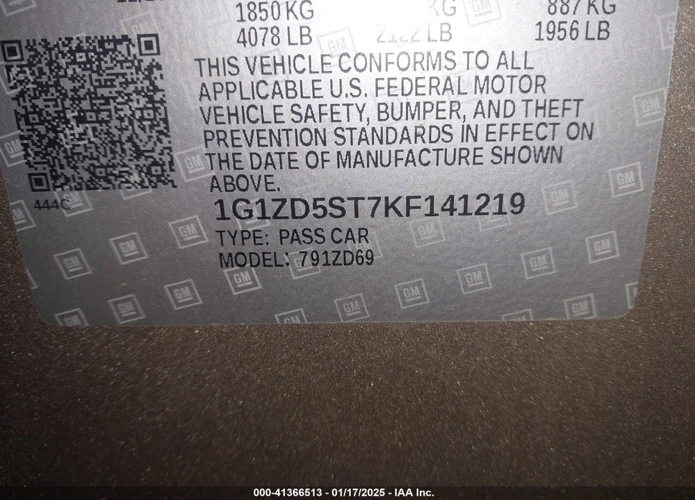 2019 CHEVROLET MALIBU VIN: 1G1ZD5ST7KF141219