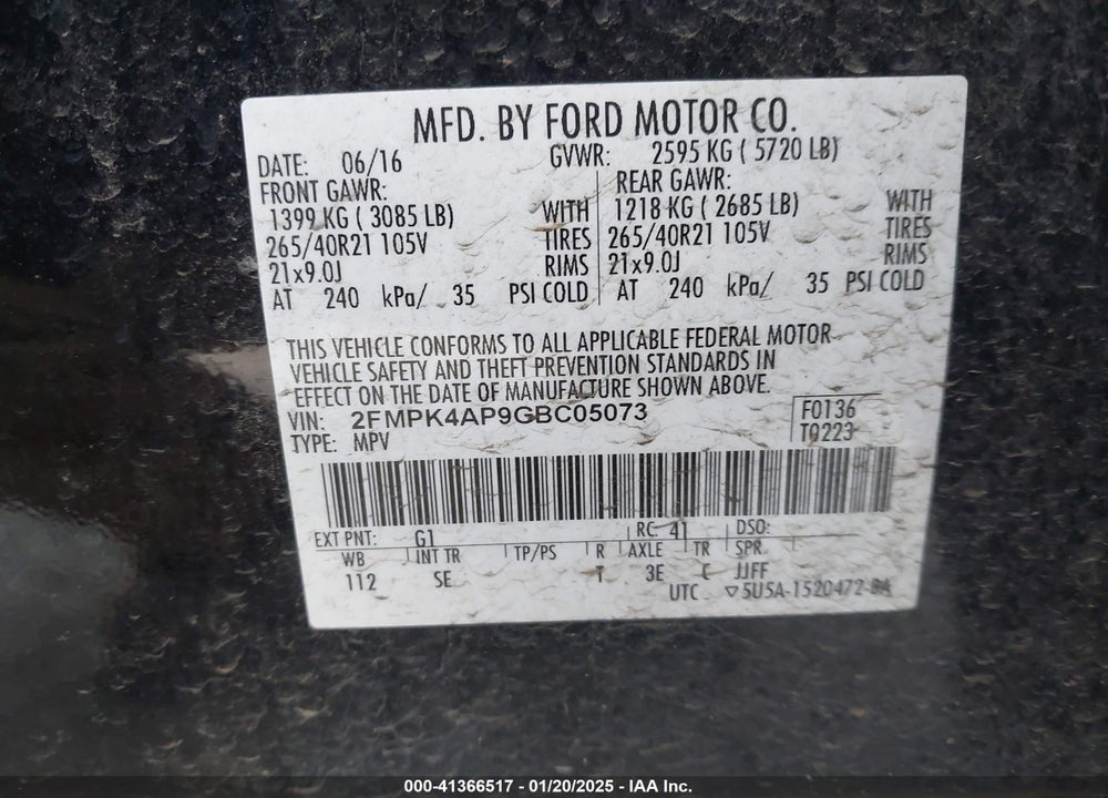 2016 FORD EDGE SPORT VIN: 2FMPK4AP9GBC05073