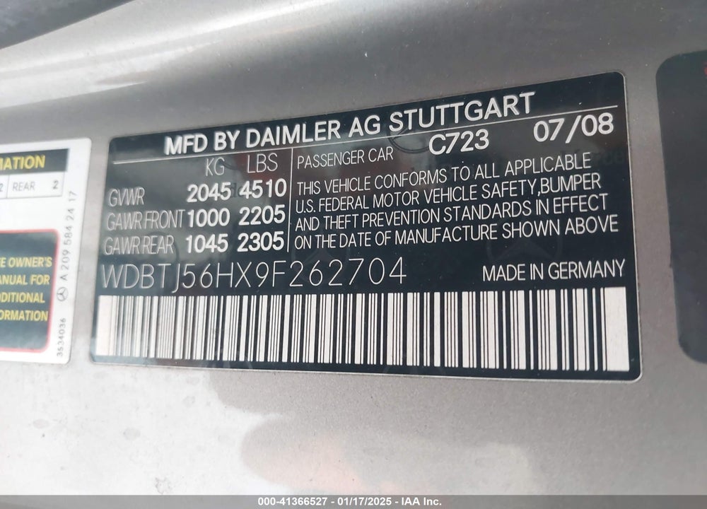 2009 MERCEDES-BENZ CLK 350 VIN: WDBTJ56HX9F262704