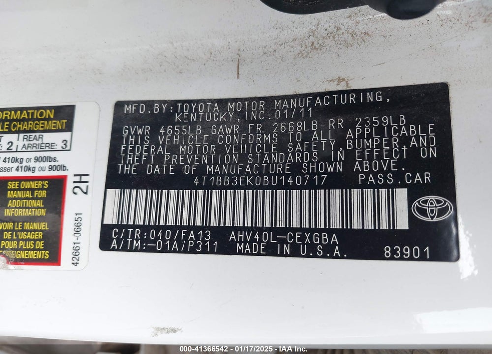 2011 TOYOTA CAMRY HYBRID VIN: 4T1BB3EK0BU140717