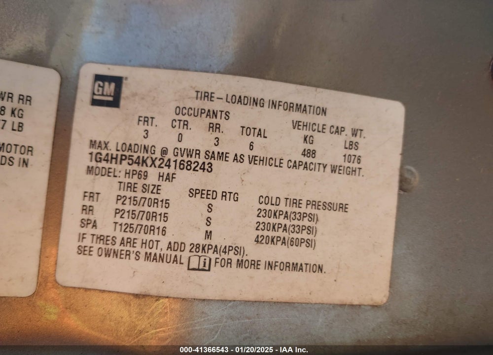 2002 BUICK LESABRE CUSTOM VIN: 1G4HP54KX24168243
