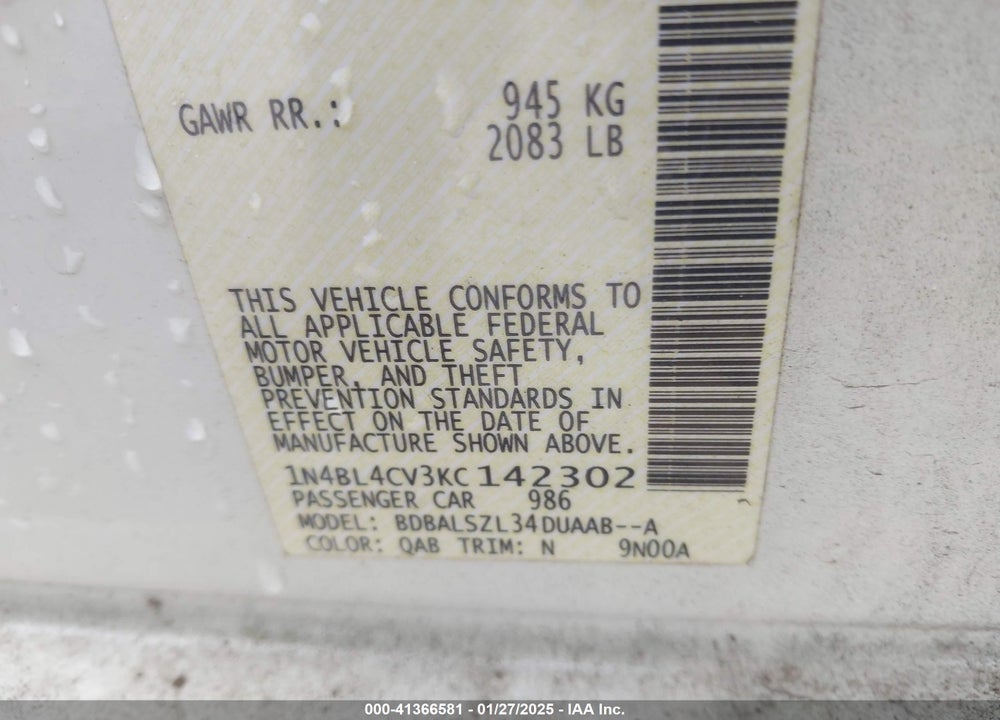 2019 NISSAN ALTIMA VIN: 1N4BL4CV3KC142302