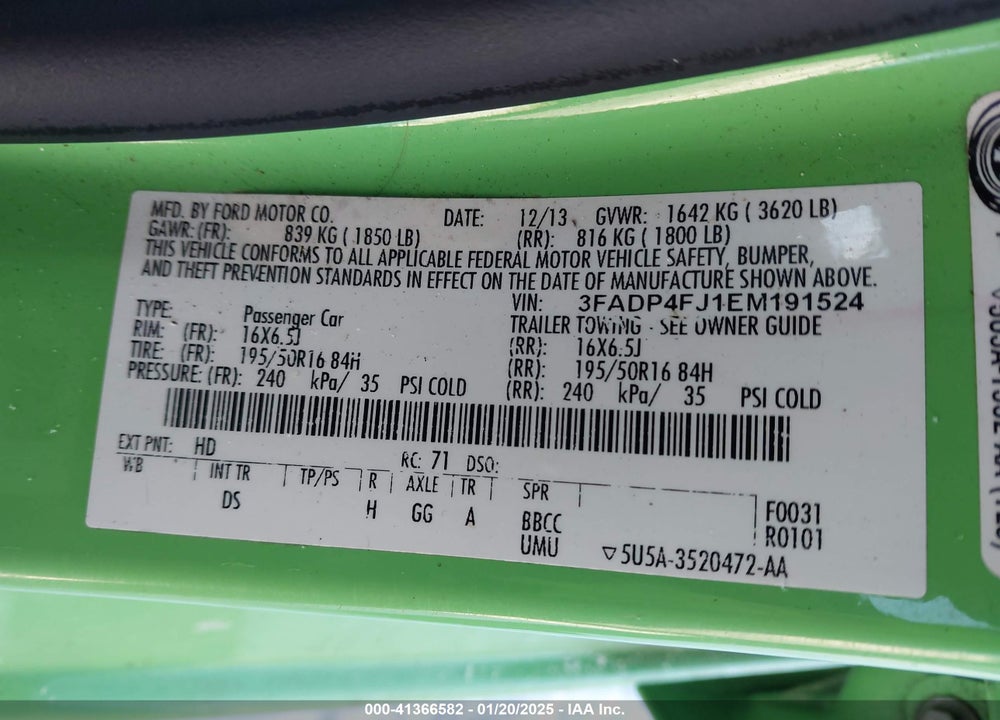 2014 FORD FIESTA VIN: 3FADP4FJ1EM191524