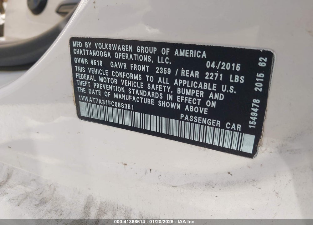 2015 VOLKSWAGEN PASSAT 1.8T LIMITED EDITION VIN: 1VWAT7A31FC088381