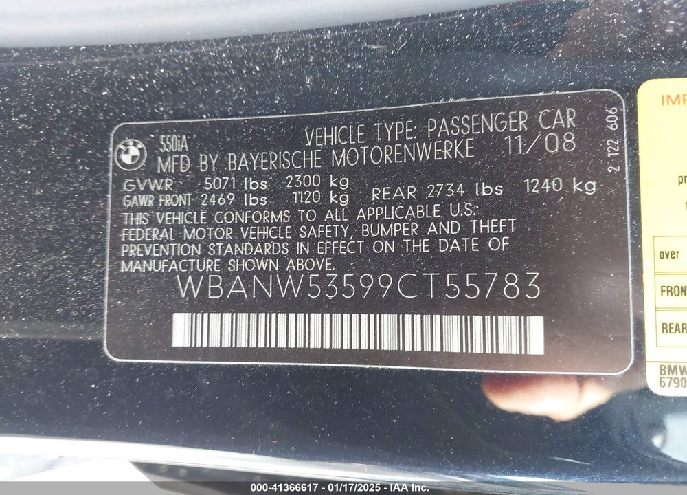 2009 BMW 550I VIN: WBANW53599CT55783