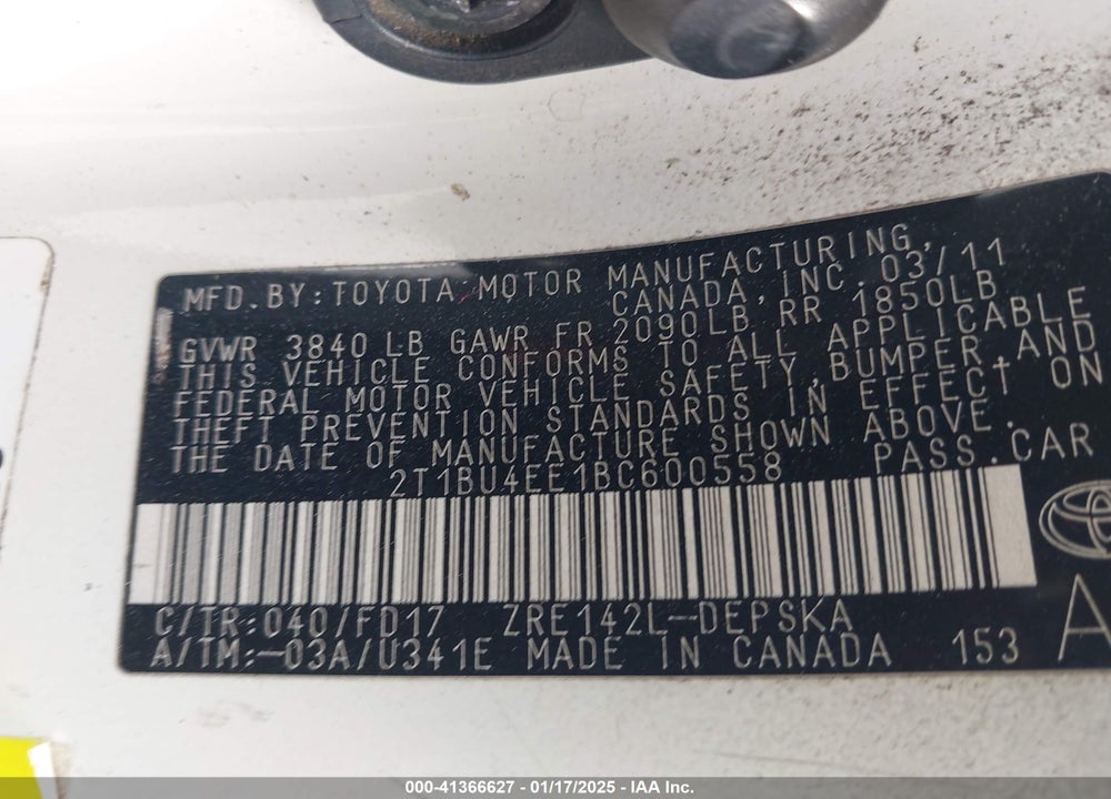 2011 TOYOTA COROLLA VIN: 2T1BU4EE1BC600558