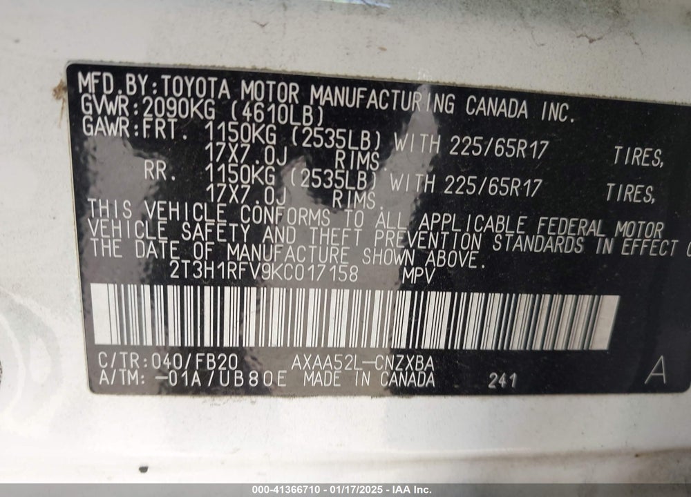 2019 TOYOTA RAV4 LE VIN: 2T3H1RFV9KC017158