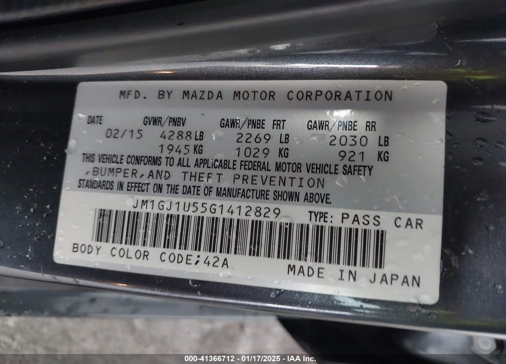 2016 MAZDA MAZDA6 VIN: JM1GJ1U55G1412829