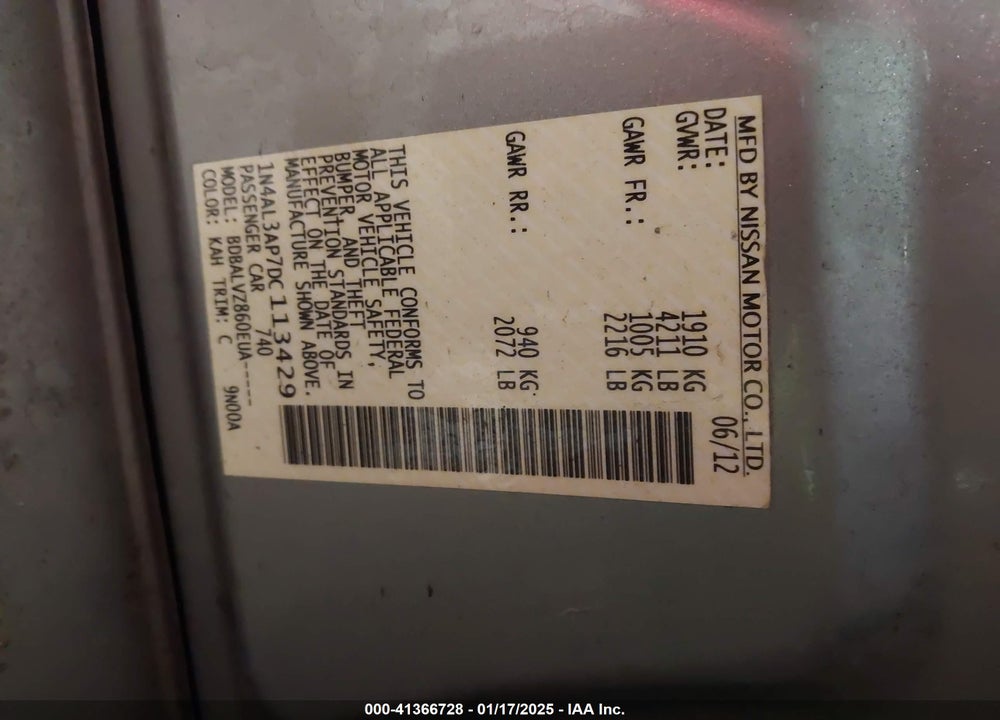 2013 NISSAN ALTIMA VIN: 1N4AL3AP7DC113429