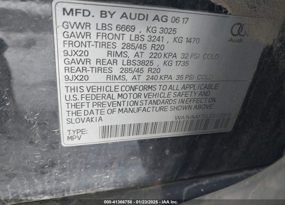 2018 AUDI Q7 3.0T PREMIUM VIN: WA1VAAF70JD002378
