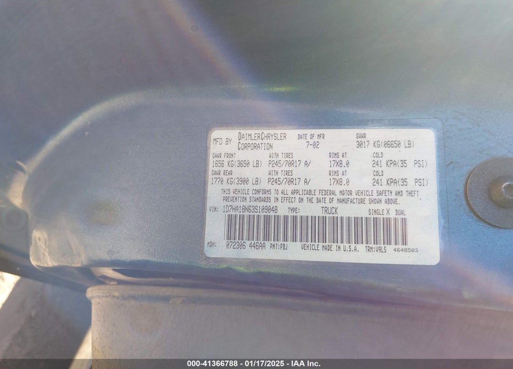 2003 DODGE RAM 1500 SLT/LARAMIE/ST VIN: 1D7HA18N63S109048