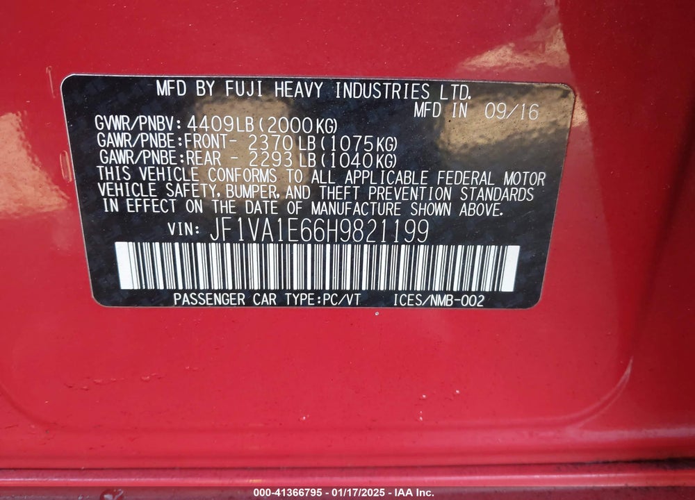 2017 SUBARU WRX PREMIUM VIN: JF1VA1E66H9821199