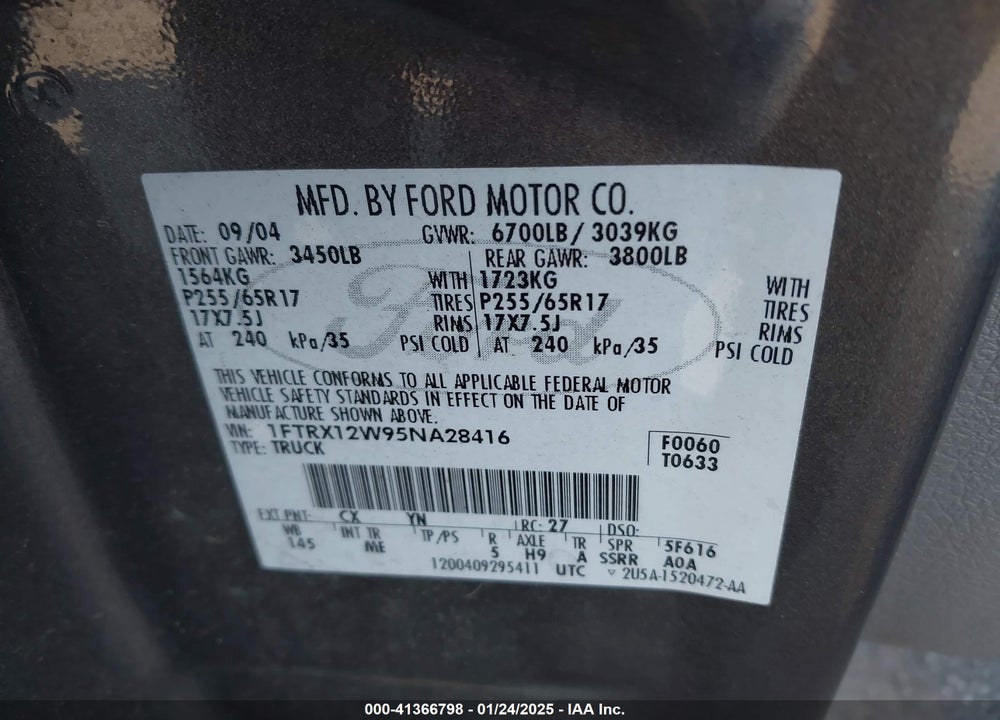 2005 FORD F-150 VIN: 1FTRX12W95NA28416