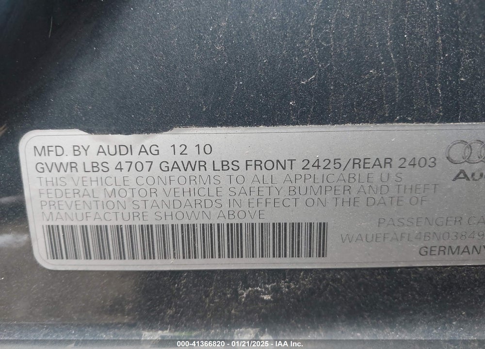 2011 AUDI A4 VIN: WAUEFAFL4BN038491
