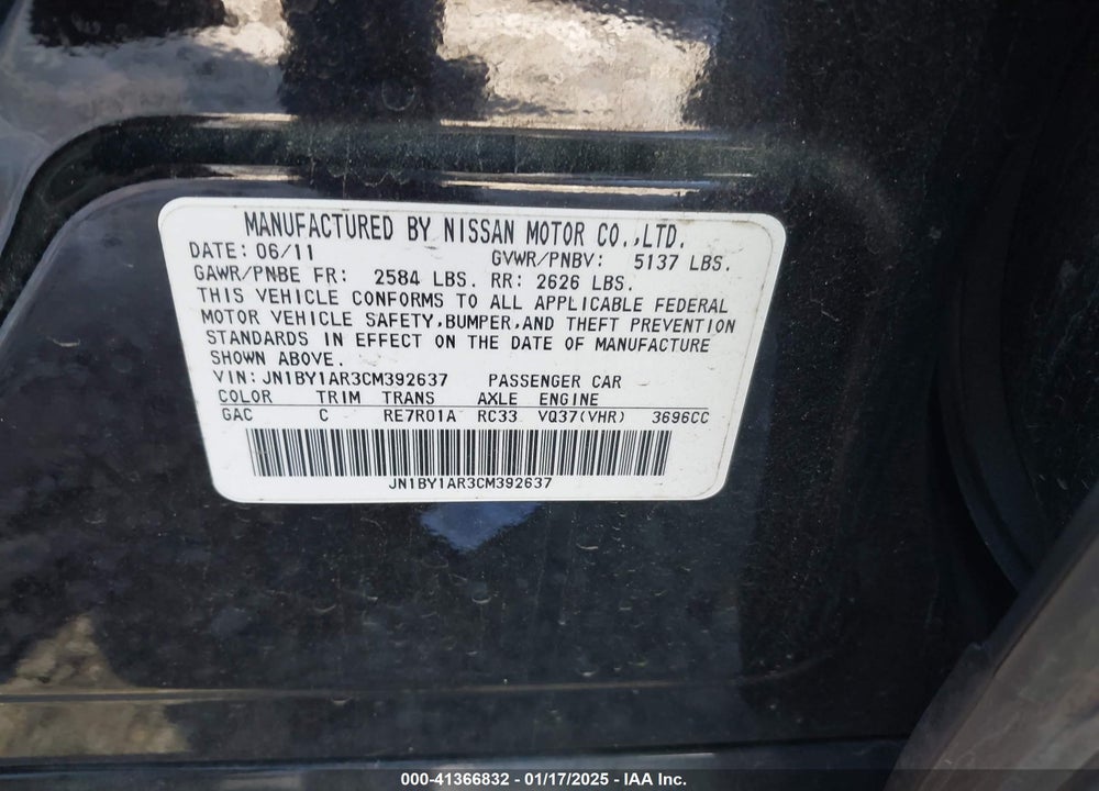 2012 INFINITI M37X VIN: JN1BY1AR3CM392637