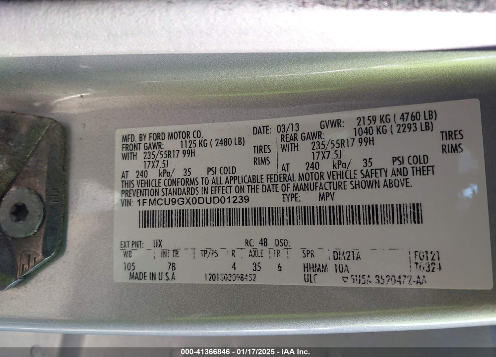 2013 FORD ESCAPE SE VIN: 1FMCU9GX0DUD01239