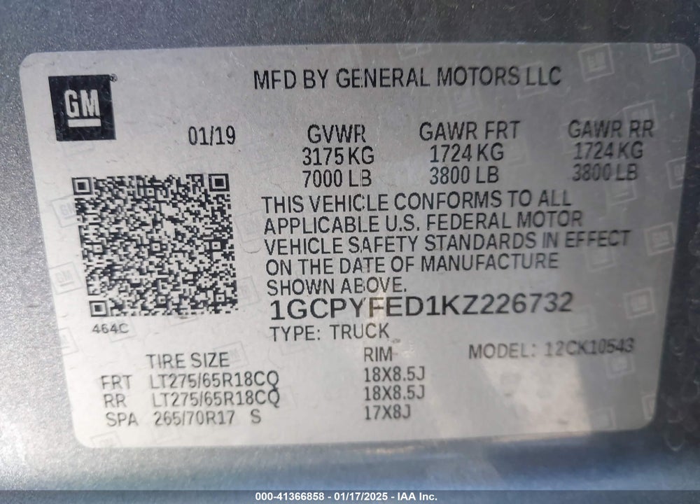 2019 CHEVROLET SILVERADO 1500 VIN: 1GCPYFED1KZ226732